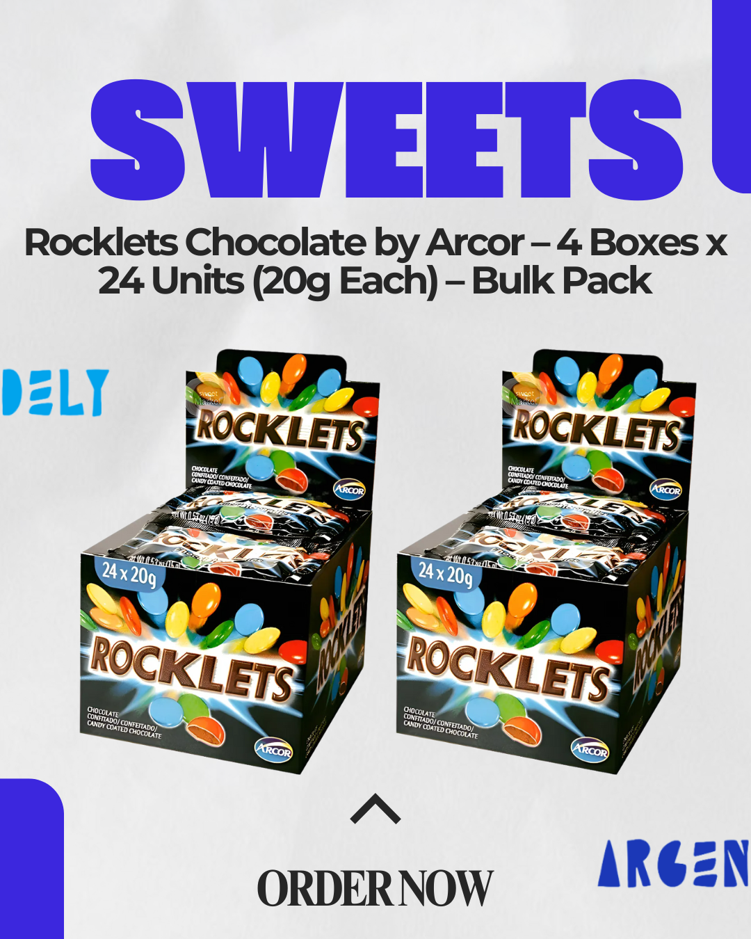 Rocklets Chocolate Lentils by Arcor – 4 Boxes x 24 Units (20g Each) – Bulk Pack